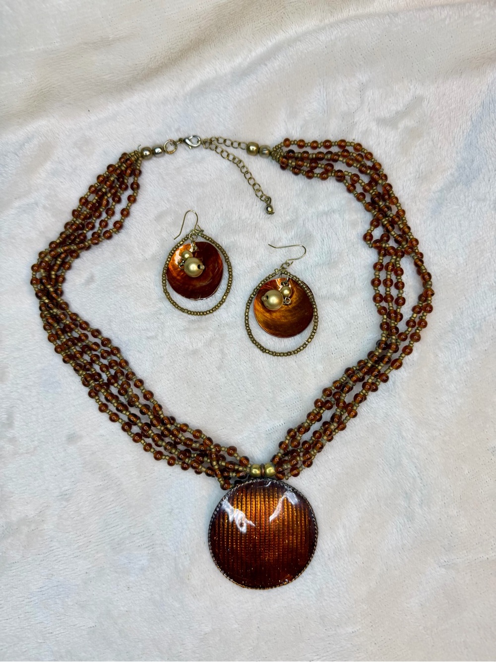 Brown Multi-Strand Beaded Necklace with Matching Disc Earrings